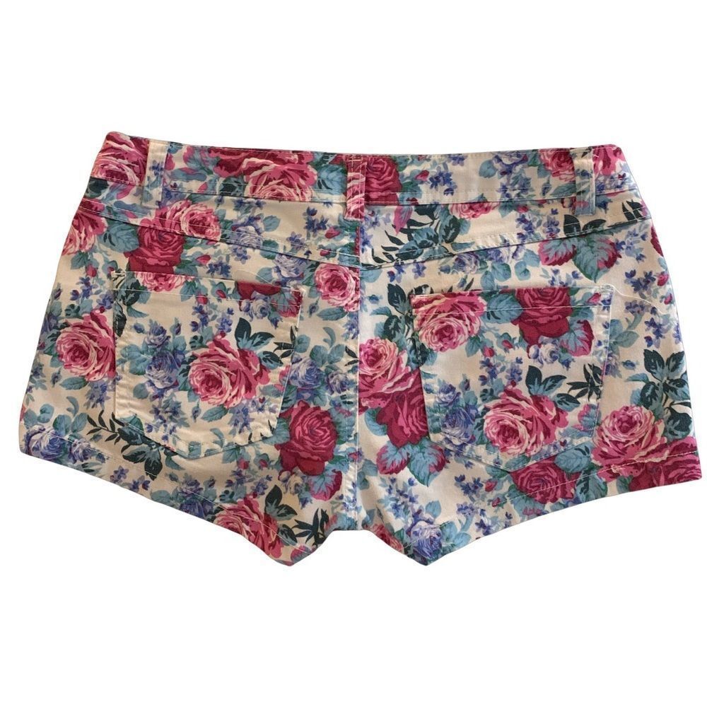 HL Small 2 25 Sexy Low Rise Bright Floral Print Lightweight Denim Shorty Shorts - Picture 2 of 5